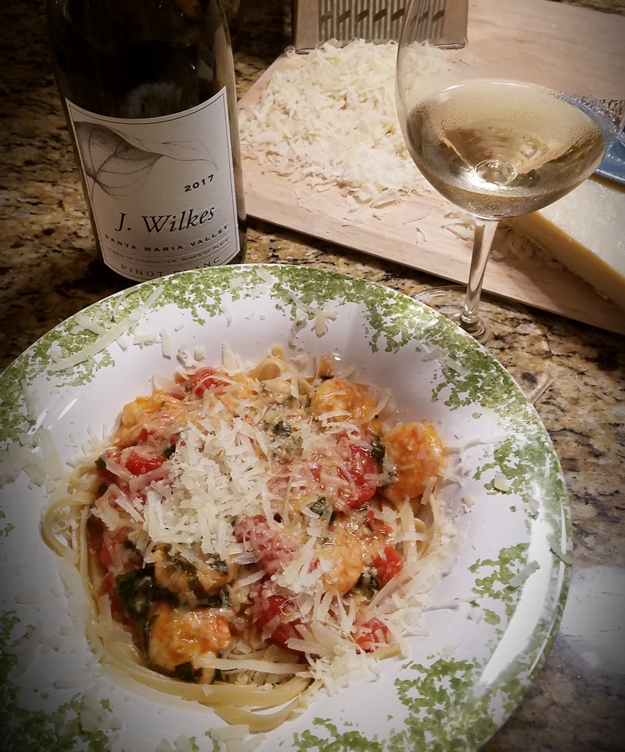 Summer Shrimp Scampi paired with J. Wilkes Pinot Blanc from Santa Maria Valley, California