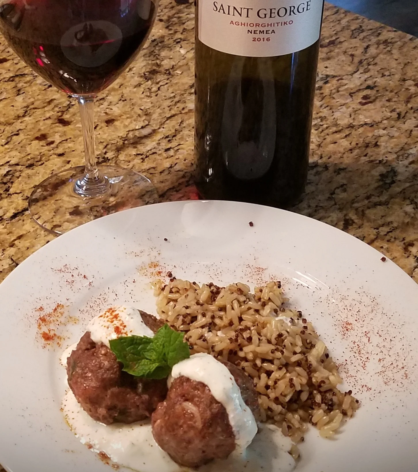 Greek Style Meat Balls with Quinoa and Brown Rice paired with Skouras Aghiorghitiko wine from Greece