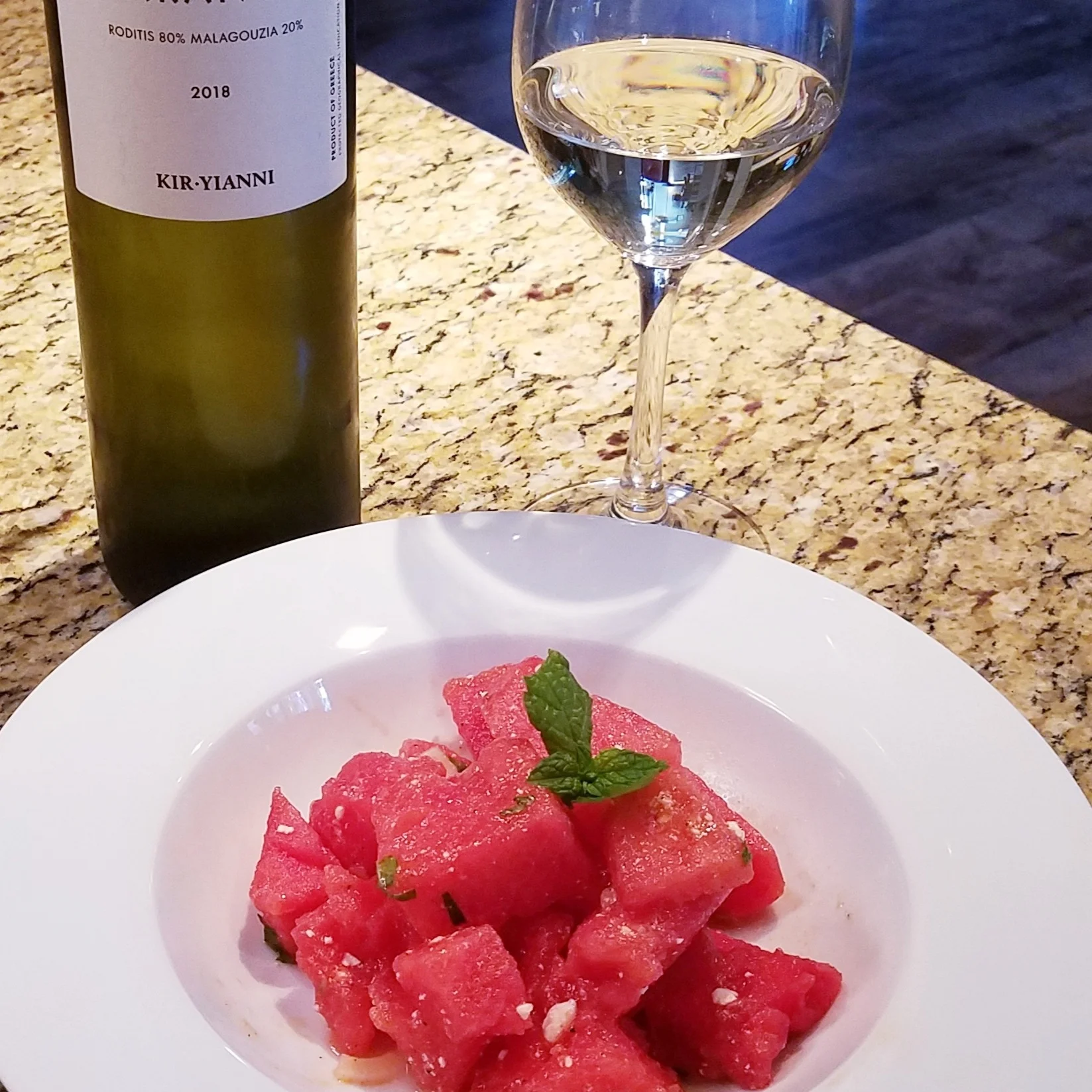 Watermelon Salad with Feta and Mint paired with Paranga Roditis and Malagouzia White Blend
