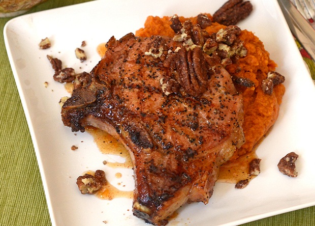 Maple Bourbon Glazed Pork Chops with Sweet Potato Mash paied with Southern Belle Bourbon Barreled Red Blend