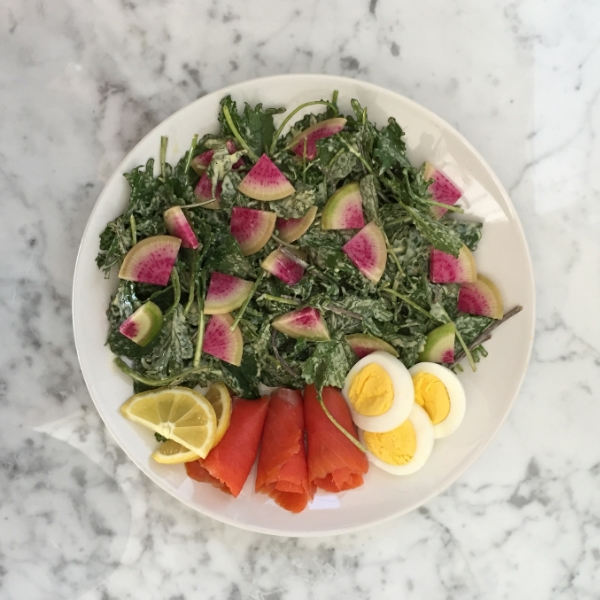 Wild Smoked Salmon & egg on kale caesar with watermelon radishes