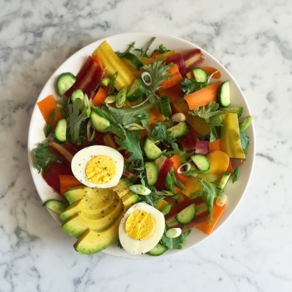Rainbow Carrots Salad - shaved carrots, cucumbers, green onions, avocado, egg, greens