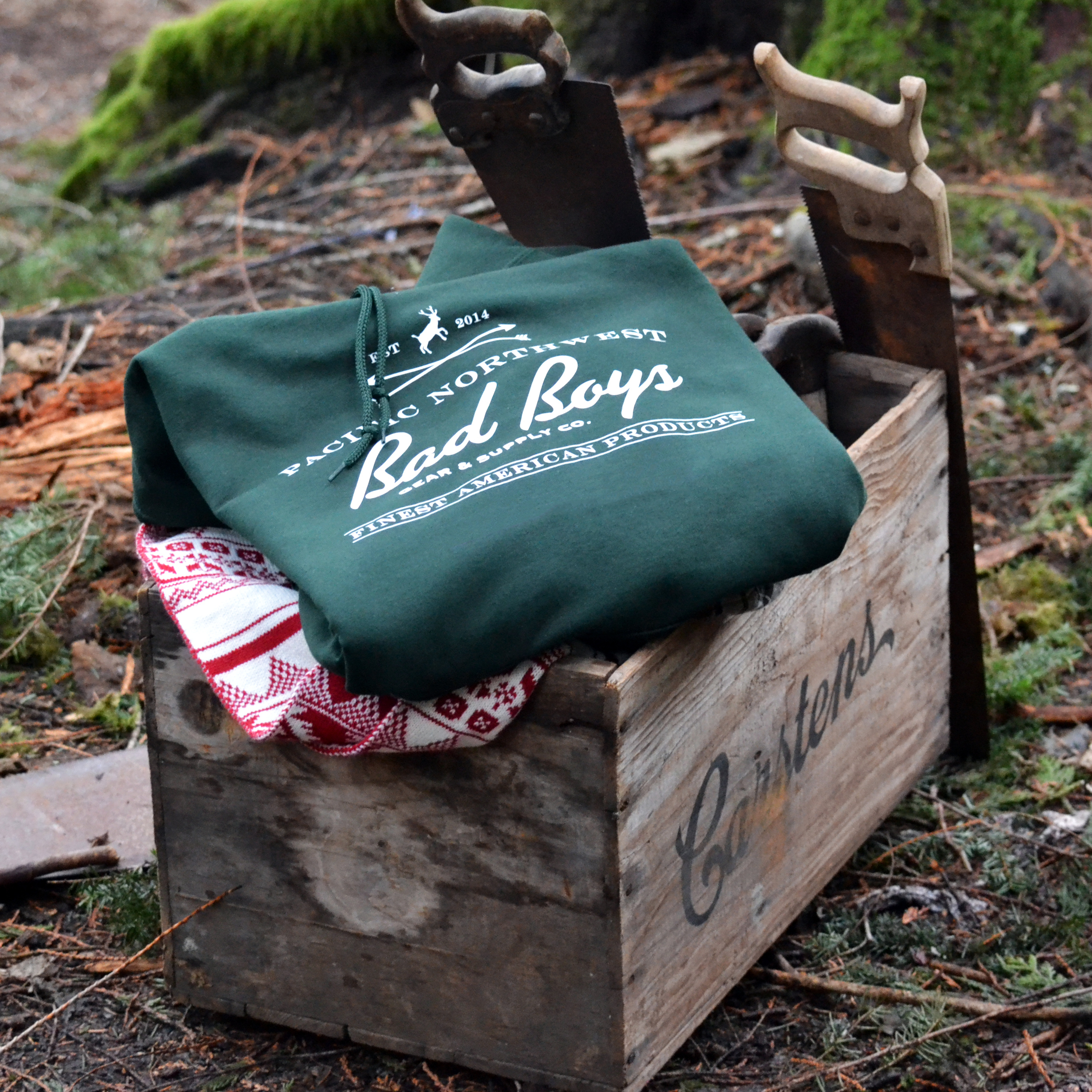 _0707 SQ [v4][rotate] Bad Boys Brands Pacific Northwest Bad Boys Gear and Supply Company Forest Green Hoodie by Graham Hnedak Brand G Creative 16 DEC 2014.jpg