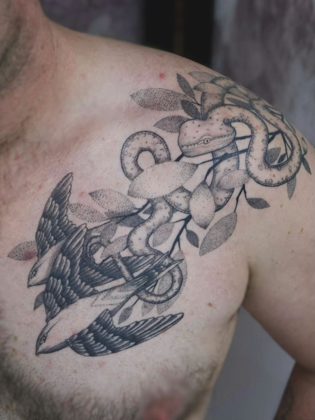 Custom tattoo for the shoulder and chest. Beautiful work done by @yahelkfirtattoos 🌿🦀 Yahel is taking appointments for February. DM to set up an appointment or free consultation ✍️