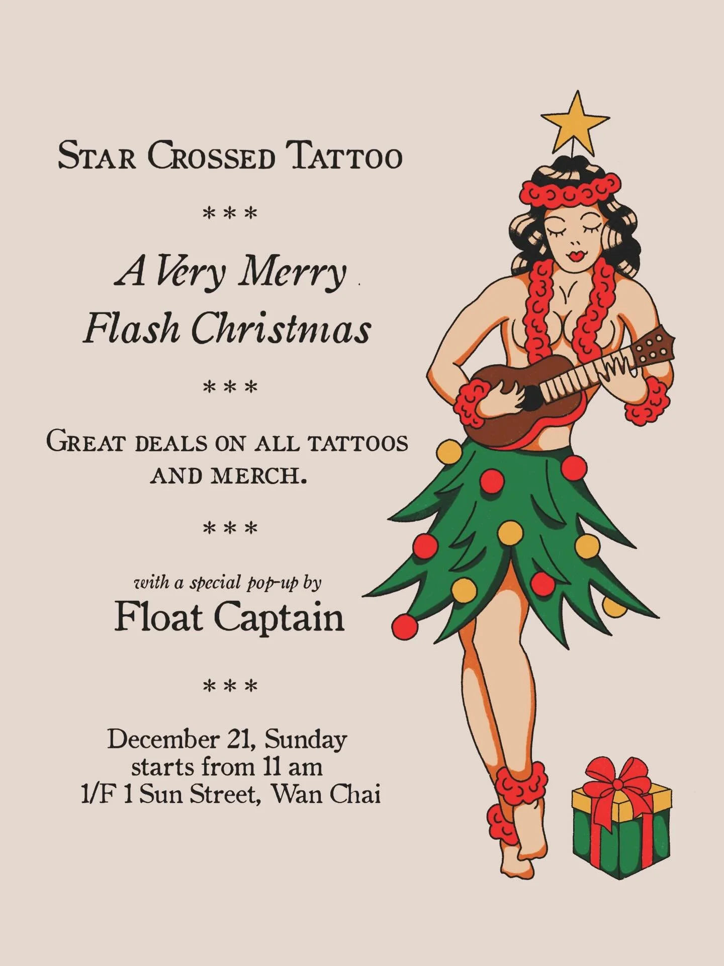 Aloha! 😻🎄 Come to Star Crossed Tattoo this Sunday, 21 December, we&rsquo;ll be taking walk ups all day from 11am and doing great deals on all tattoos! Choose from flash or bring your own ideas ✨✨ Grab some fun merch from our artists, they make perf