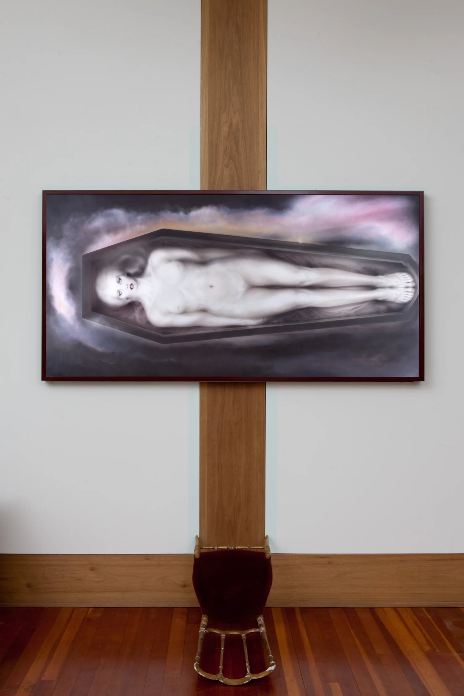 Under the God . 1994. Eye shadow on silver mirror with proscenium, chair. 157 x 112 x 47". The Vampyres Work on The Vampyres began in 1974 with a tinted drawing. Black and white drawings of photographic precision followed in