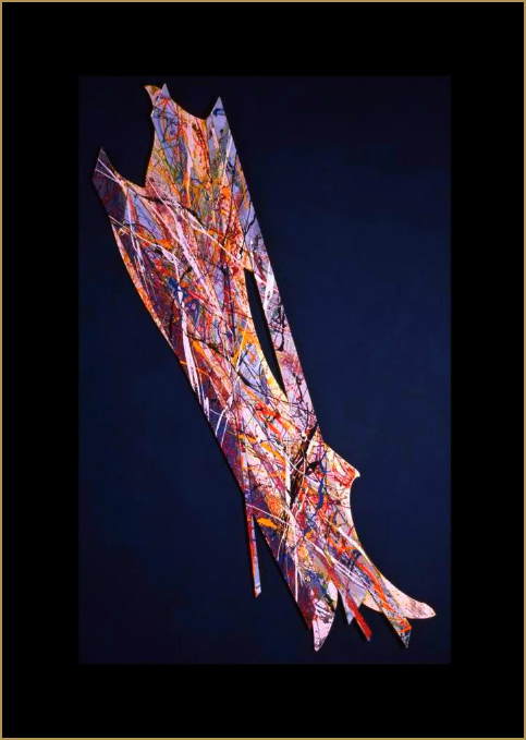 . Chimera to Swan . 1981. Acrylic, Oil, Lacquer, Glitter On Silver And Bronze Mirror. 106" On Diagonal.