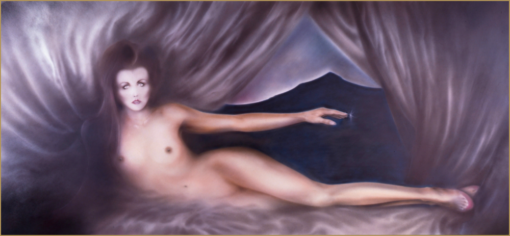 . The Vampyre’s Lair . 1990. Eye Shadow On Silver Mirror. 80 X 36”.
