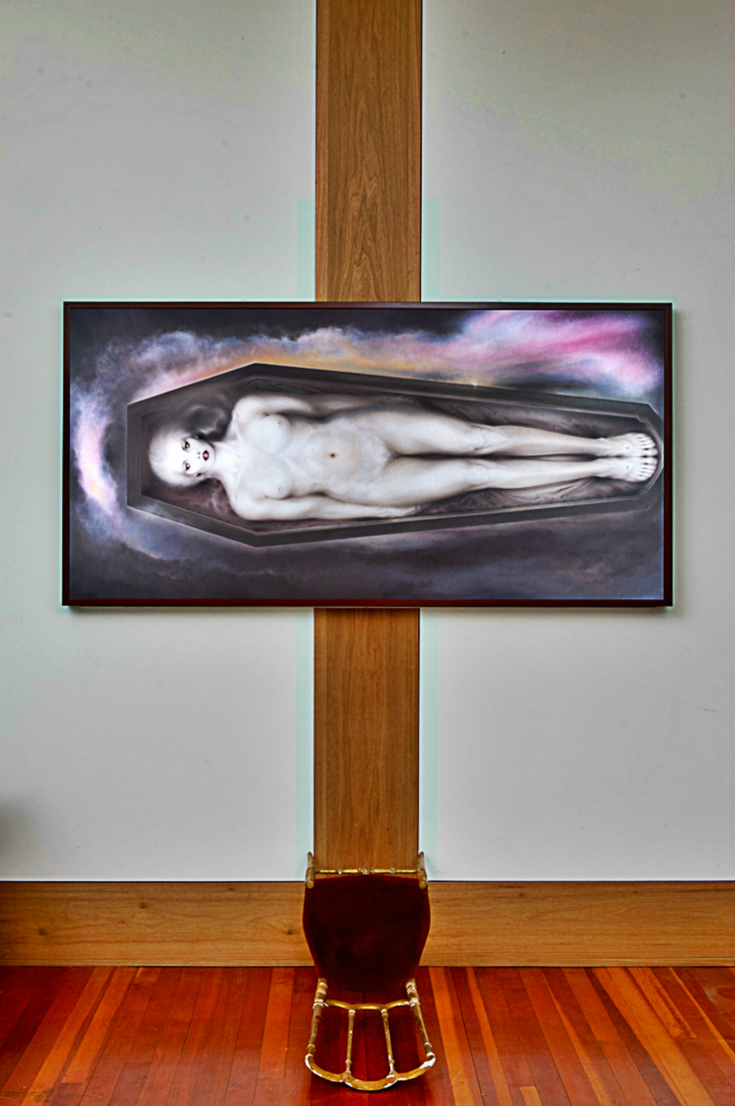 Under The God . 1994, Eye Shadow On Silver Mirror With Proscenium And Chair. 157 X 112 X 47”.