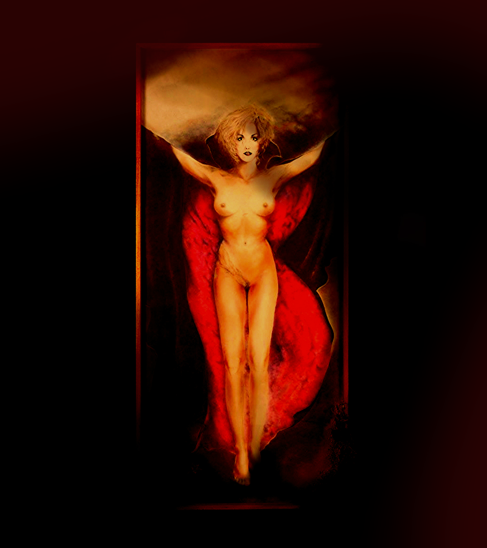 The Queen Of The Damned . 1990. Eye Shadow On Silver Mirror With Dead Foliage, Vase. 80 X 36”.