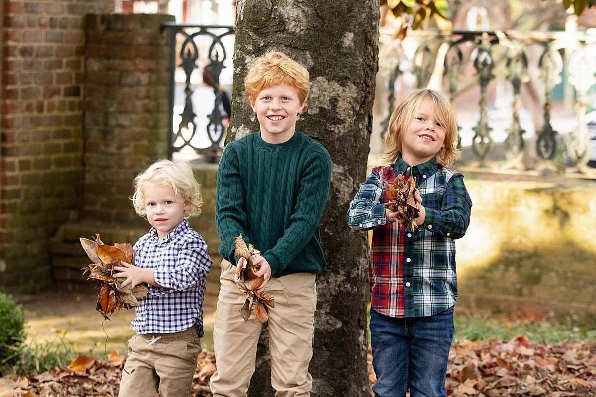 Three brothers holding handfuls of fall leaves beside a tree during fall family portraits in Richmond Virginia, photographed by Sarah Kane Photography, with a classic brick wall and iron gate backdrop