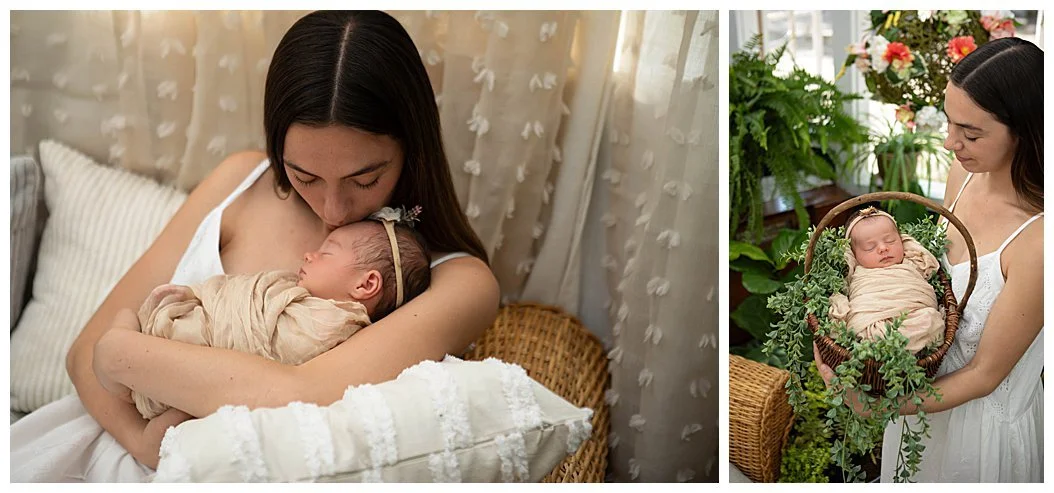 Newborn baby wrapped in neutral colors in a basket held by her mother surrounded by green plants and flowers in Chesterfield Virginia