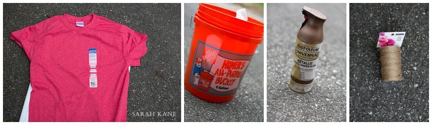 T shirt - $3, HD Bucket - $2.97, Spray Paint - $6.98, Twine - $6.36 A total of $20.33 with tax! 
