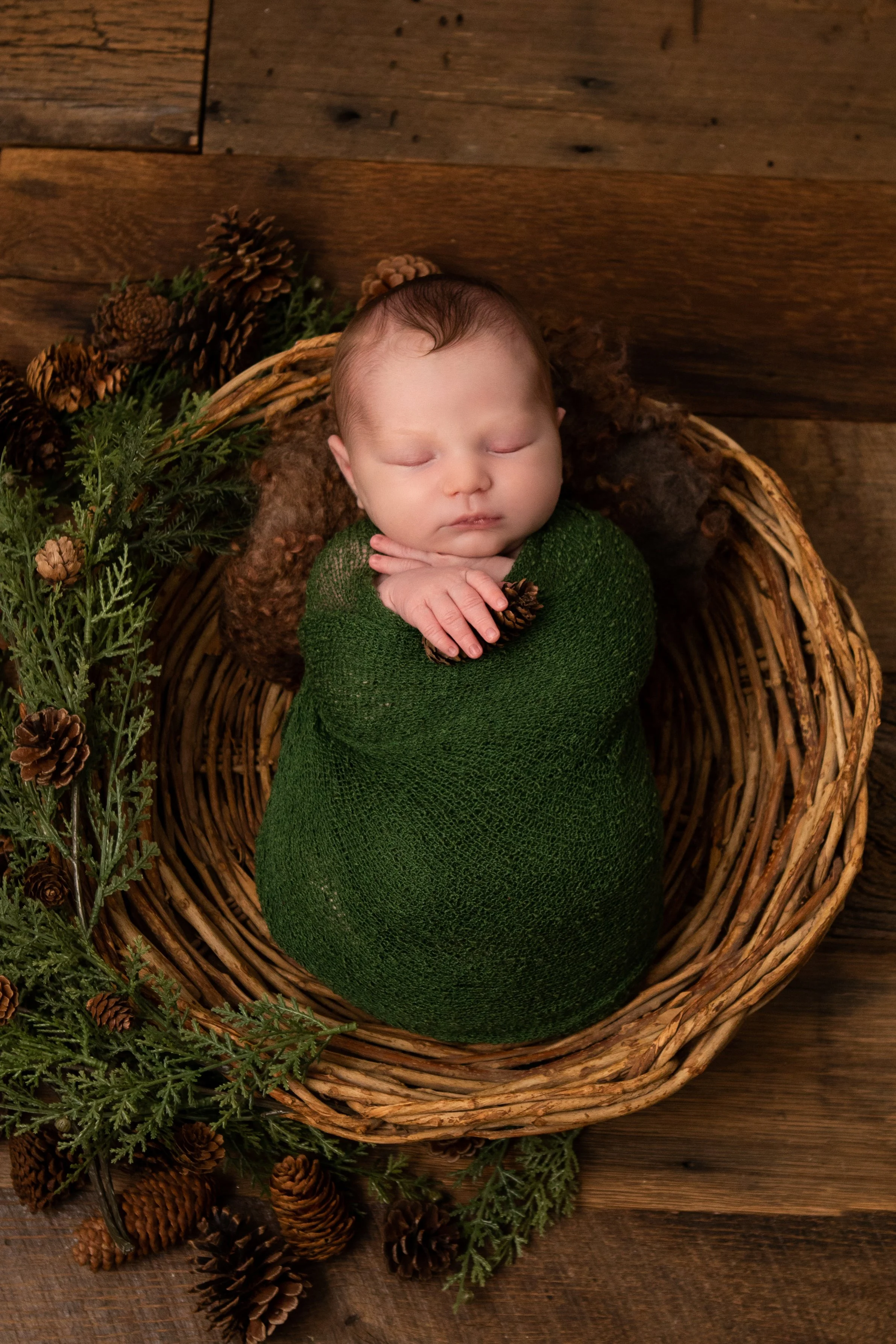 Newborn Photography baby in a wicker basket with pine cones and pine needles. Newborn wrapped in green