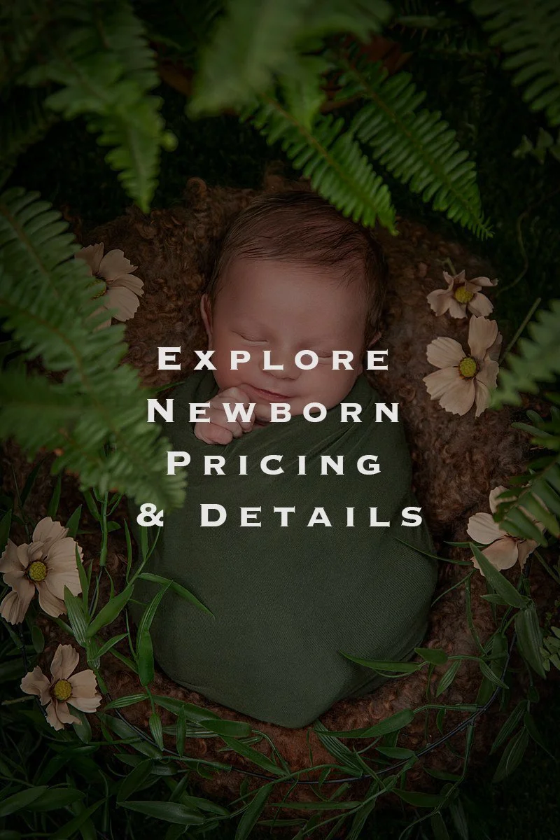Newborn baby wrapped in sage green in a basket surrounded by plants and flowers for pictures in Richmond Virginia