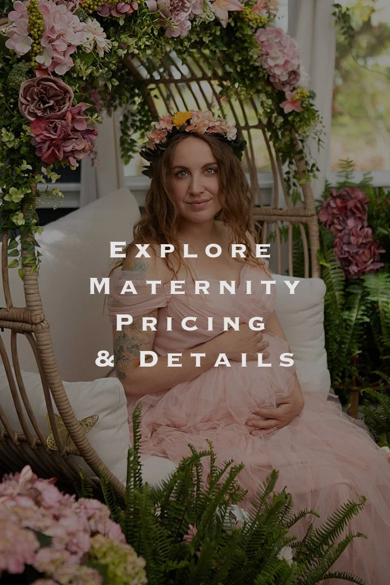 Maternity portrait of a pregnant woman in a pink dress and spring flower crown in a wicker chair decorated with flowers for pictures Near Richmond Virginia