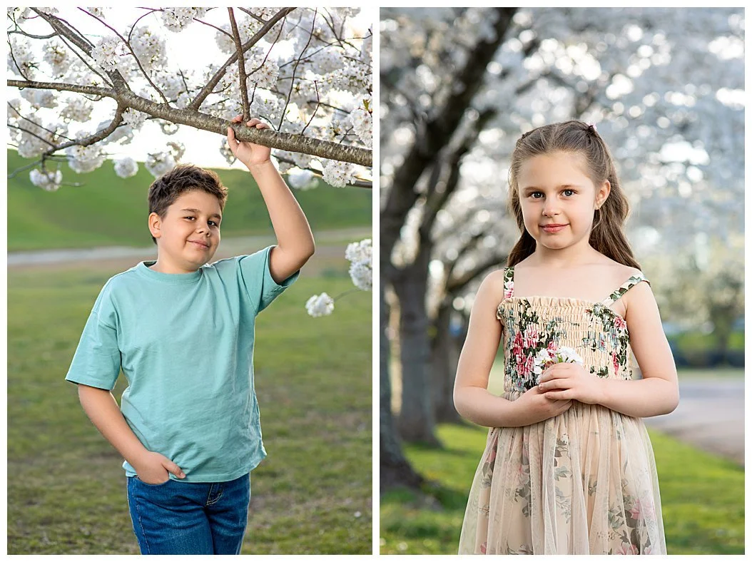 Portraits of a brother and sister under a cherry blossom tree in richmond Virginia