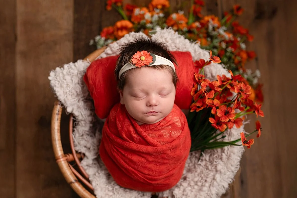 Newborn baby girl swaddled in a vibrant red lace wrap resting in a wicker basket, Sarah Kane Photography