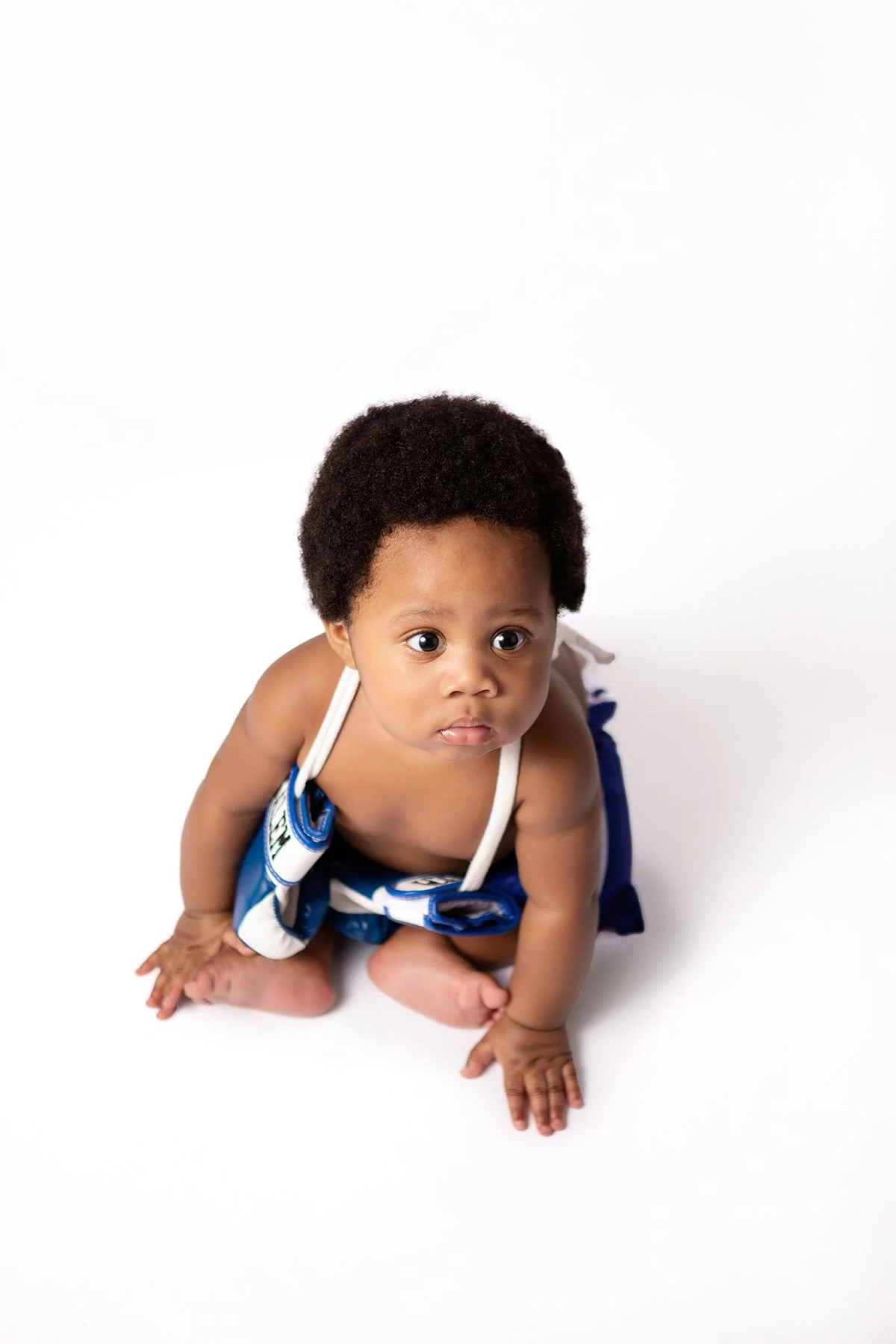 Overhead portrait of baby Salem in boxing shorts with gloves, looking up with a pouty expression by Sarah Kane Photography, Chesterfield VA
