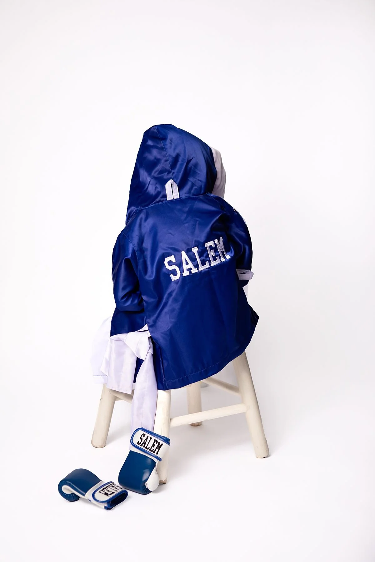 Personalized baby boxing set, blue satin robe with "Salem" on the back and custom gloves by Sarah Kane Photography, Chesterfield Va
