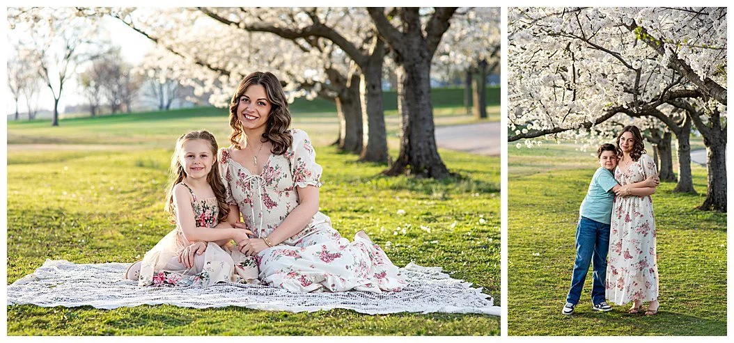 mother posing with her daughter on a blanket under a Cherry Blossom tree for portraits in Richmond Virginia
