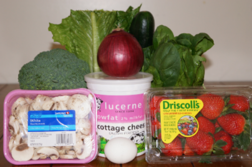 "Healthy Diet": green leafy vegetables, cucumber, broccoli, high quality protein, and strawberries