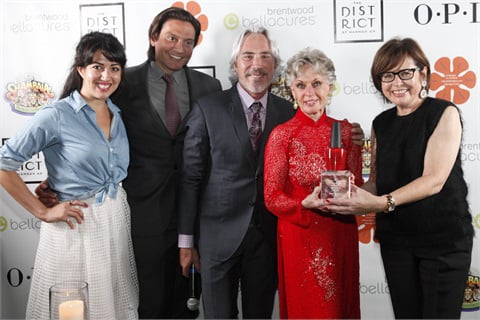 OPI executive VP Suzi Weiss-Fischmann along with Bellacures founder Samira Far, Bellacures Brentwood owner Gerard Quiroga, and event producer Michael Habicht, presented Hedren with the Believe, Achieve, Empower Award for her selfless work