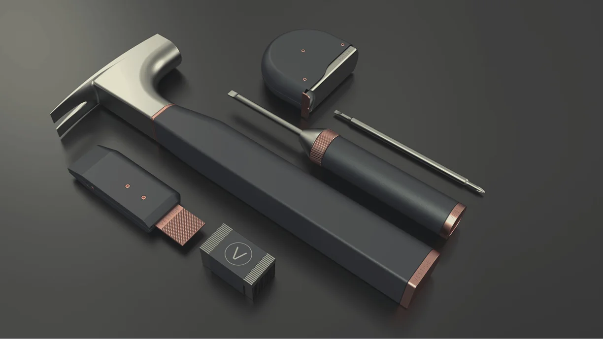 By paring down the selection of tools to the absolute necessities - hammer, cut, drive, and measure - the Vestige Toolkit maintains a compact form factor while conveying a simple and clear use case.