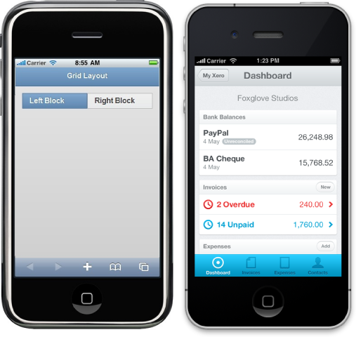 Left: jQuery Mobile. Right: Sencha Touch