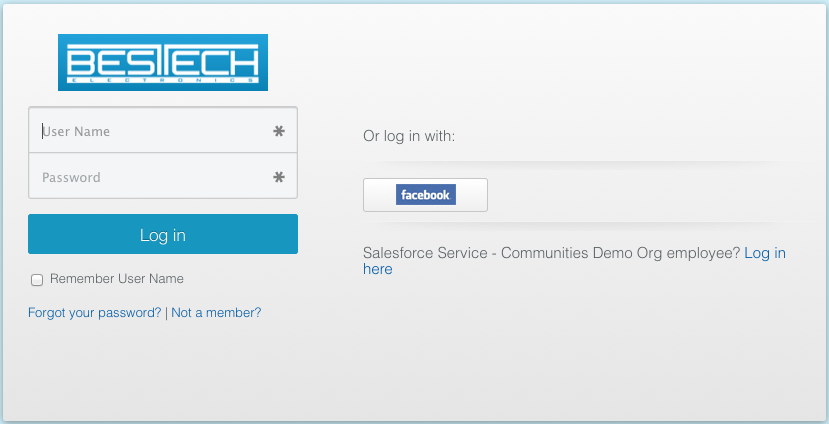 Sample Communities login page with Facebook SSO and branding