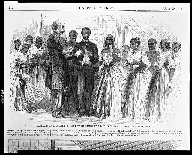 Marriage of a colored soldier at Vicksburg by Chaplain Warren of the Freedmen's Bureau from Harper's Weekly, June 30, 1866. Public domain from the Library of Congress.