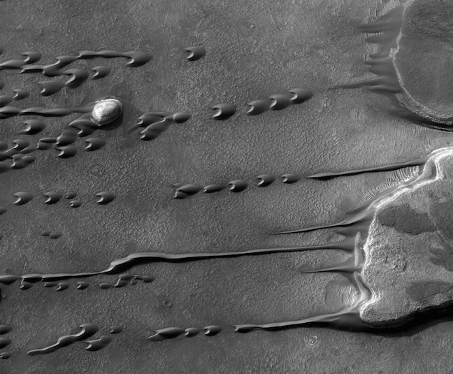 Although liquids freeze and evaporate quickly into the thin atmosphere of Mars, persistent winds may make large sand dunes appear to flow and even drip like a liquid. Visible on the above image right are two flat top mesas in southern Mars when the season was changing from Spring to Summer. A light dome topped hill is also visible on the far left of the image . As winds blow from right to left, flowing sand on and around the hills leaves picturesque streaks . The dark arc-shaped droplets of fine sand are called barchans , and are the interplanetary cousins of similar Earth-based sand forms. Barchans can move intact a downwind and can even appear to pass through each other. When seasons change, winds on Mars can kick up dust and are monitored to see if they escalate into another of Mars' famous planet-scale sand storms .