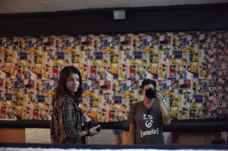 A selfie In the lobby of our "hostel" notice the playboy and comic book curtains... We thought this was a two sided mirror and someone was spying on us. We still think that might be true...