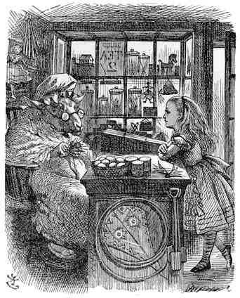 illustration from Lewis Carroll's Through the Looking Glass, Alice & the Sheep in 'Wool & Water' shop 