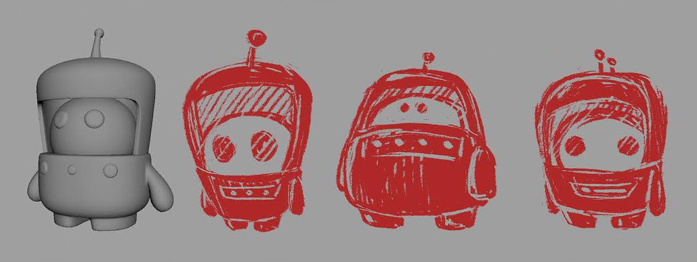 Photo courtesy of Christina Douk: First model made of the robots by Christina and a sketch over done by friend Tu Anh Nguyen to help figure out shapes and forms.