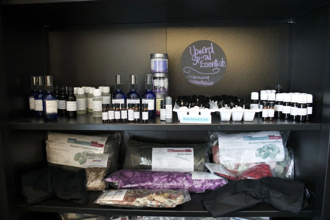 Our first aromatherapy display! With one of our favorite products, Mother Earth Pillows, within close reach. You'll be able to try out the pillows at our Grand Opening Aug 1 and 2. 