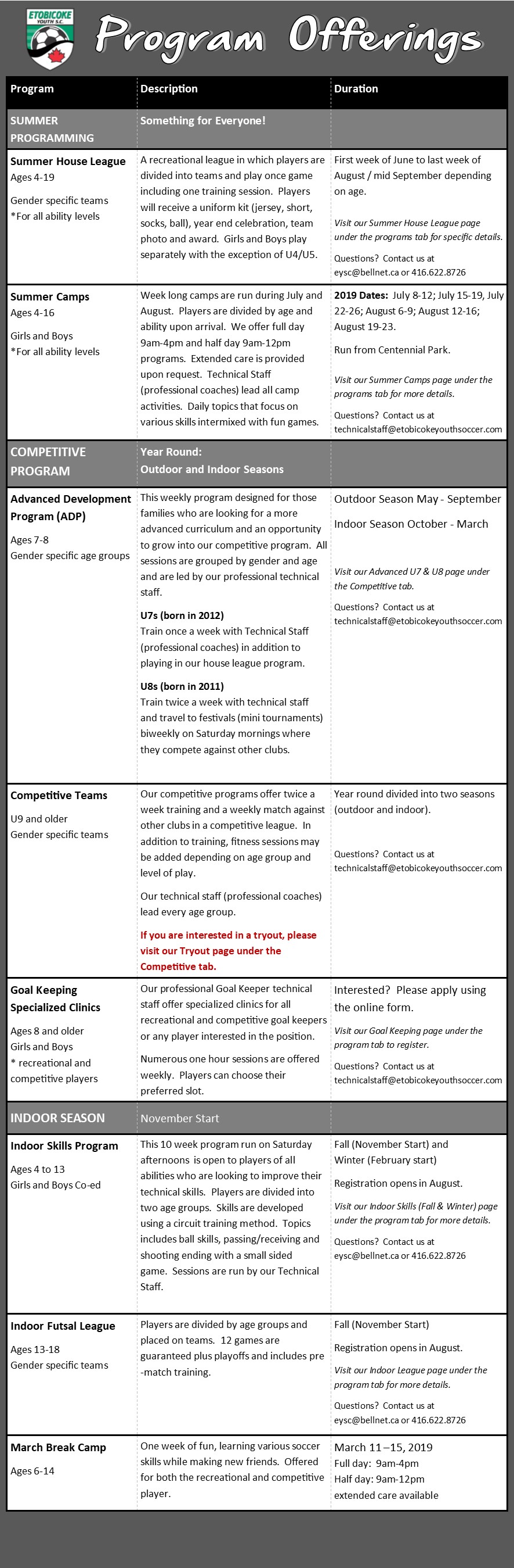 Program Offerings — Etobicoke Youth Soccer Club