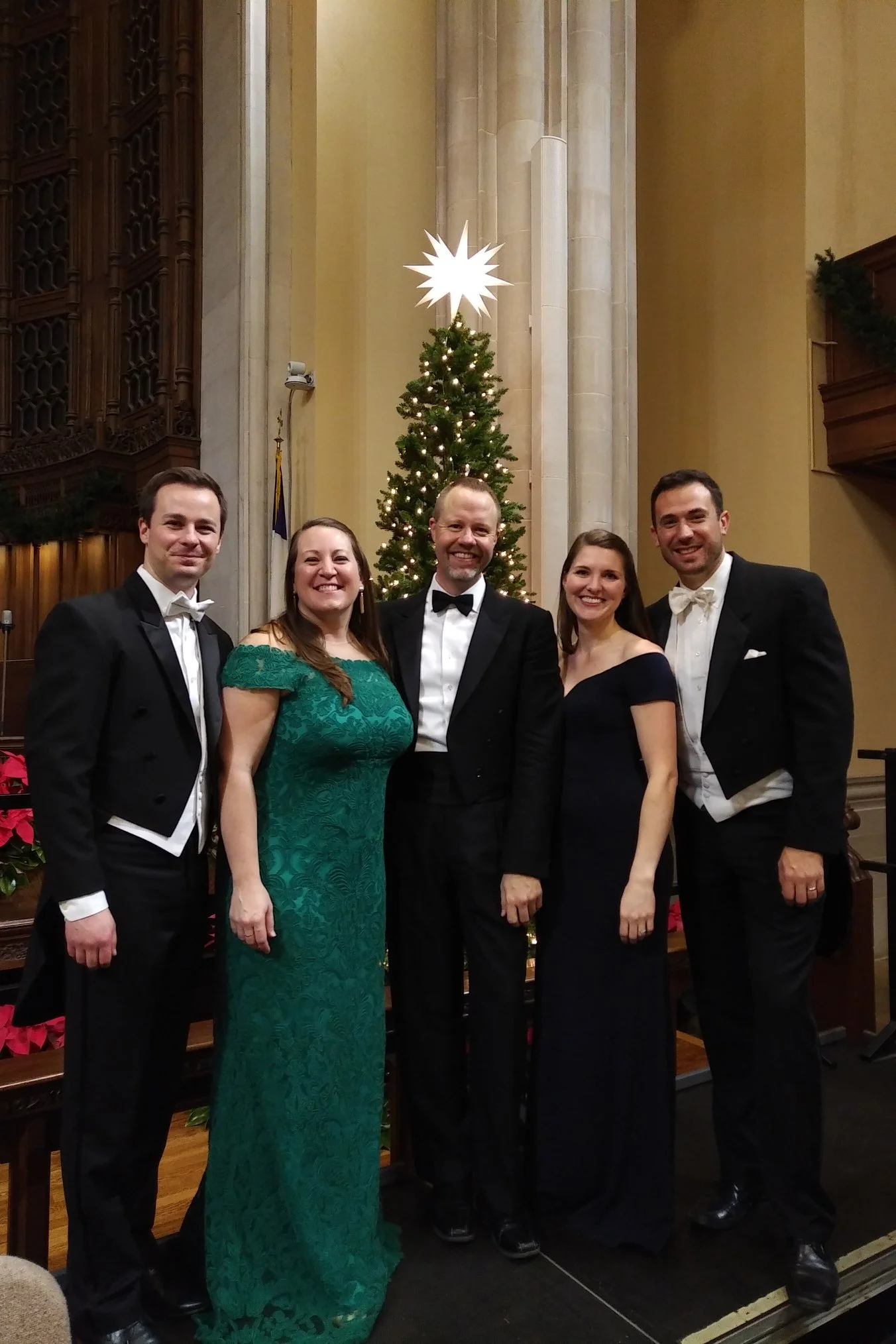 Messiah with Winston-Salem Symphony, 2018. From R-L, Patrick Muehleise, Clara Osowski, Christopher Gilliam, Margaret Carpenter Haigh, and John Buffett.