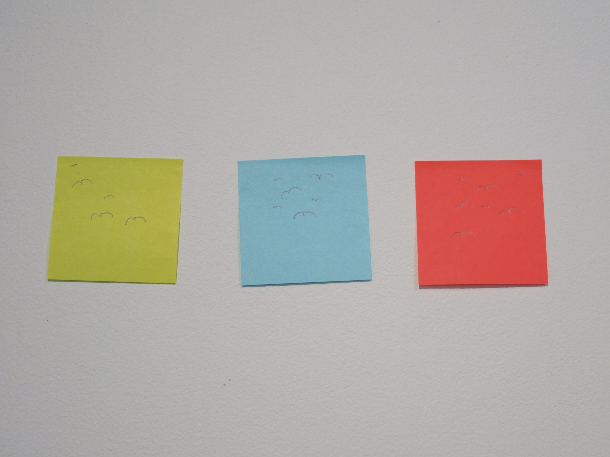  Sticky notes with drawn birds, 12x4x4, 2014. 
