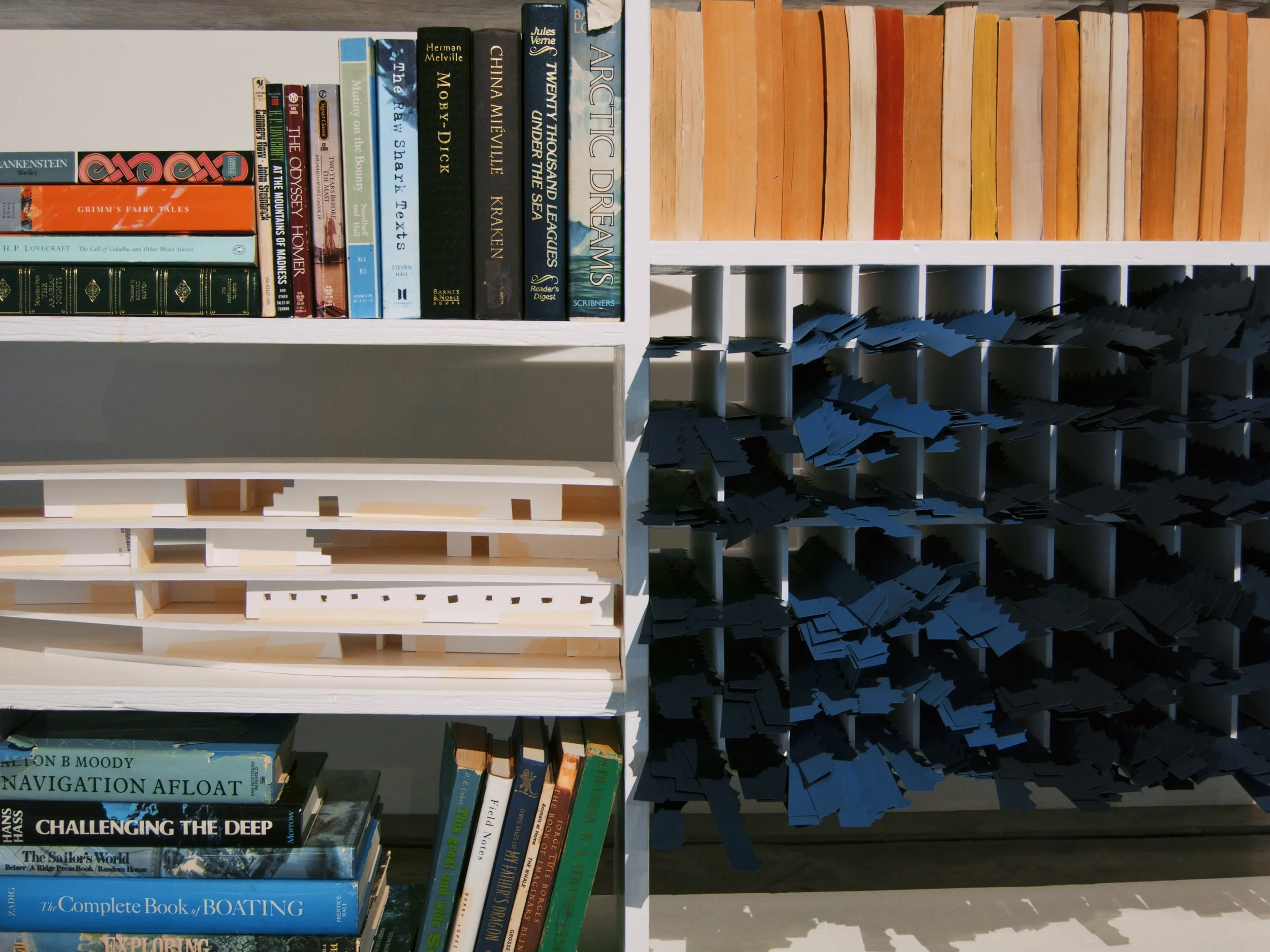 Built plywood cabinet containing books (adventure novels, woodworking manuals, scuba diving field guides, and sailing handbooks), cut paper waves, and foam ship models, sitting underneath a depiction of the sea from cut paper waves glued to plywood panel, 16x2x6 feet, 2014.
