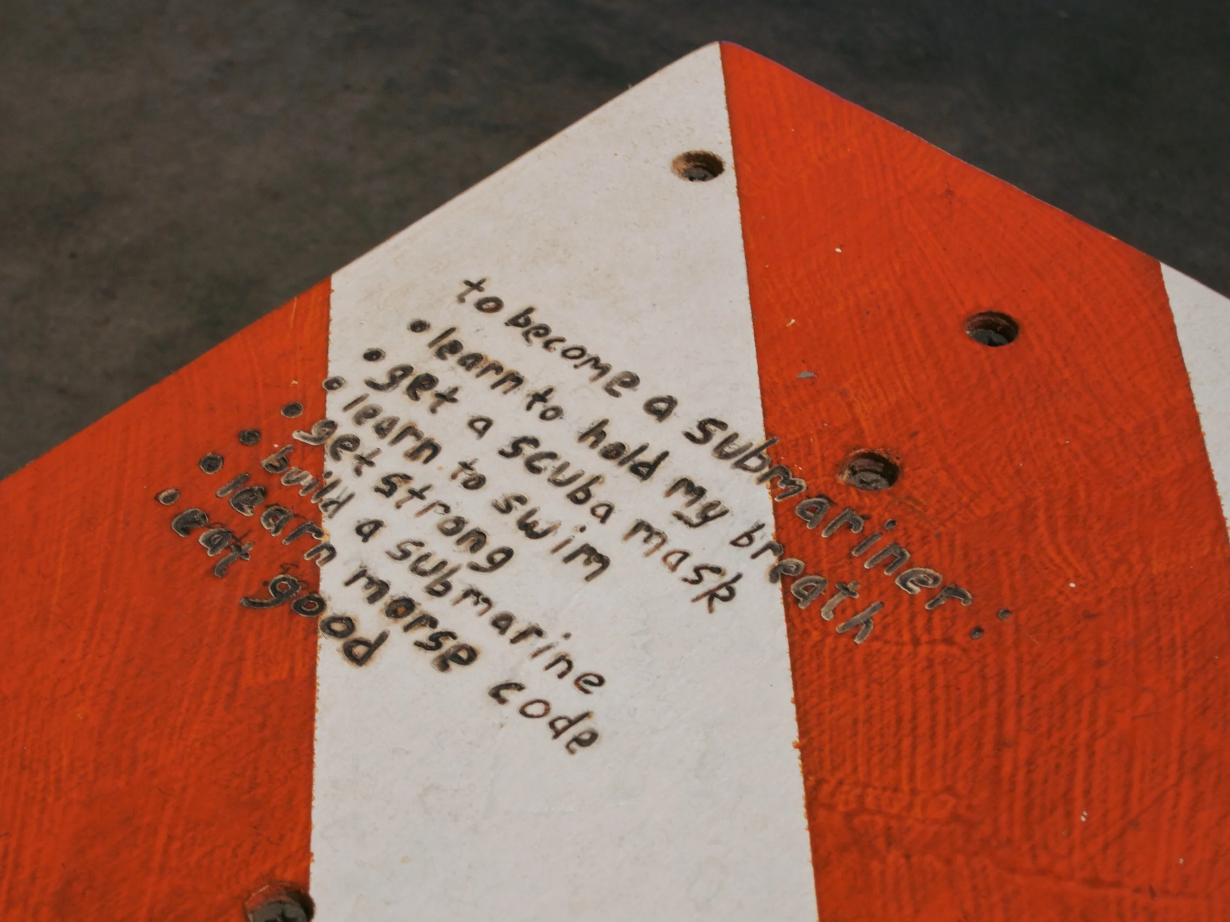Step stool built from painted plywood with squid drawing and list wood burned into the top, 18x8x10 inches, 2014.