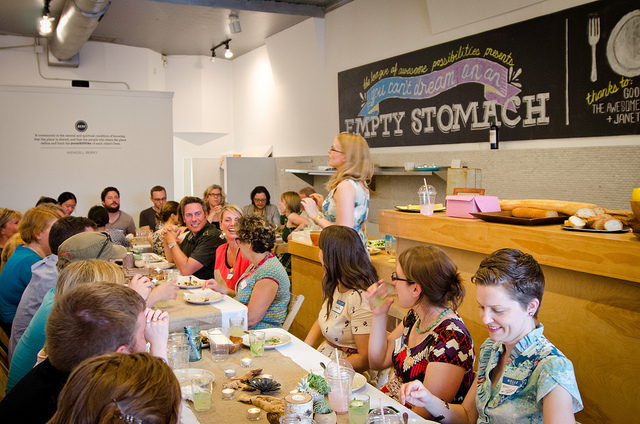 First Possibility Potluck in an empty storefront– A dinner party meets design charrette for neighborhood development. 