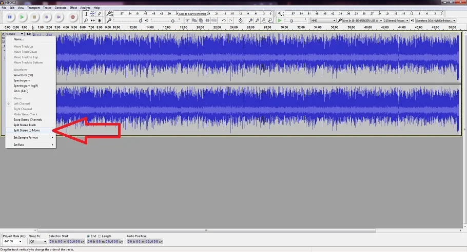 How to split a stereo track into two mono tracks in Audacity.