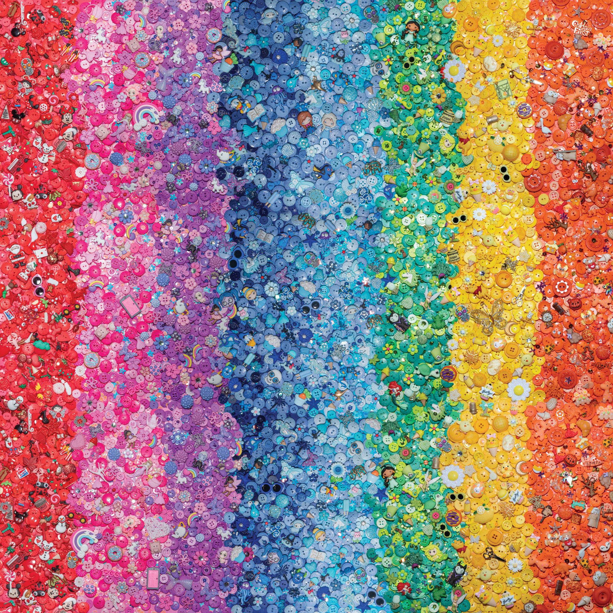 an 8ft x 8ft banner created by arranging buttons, photographing them, and stitching together 24 photos