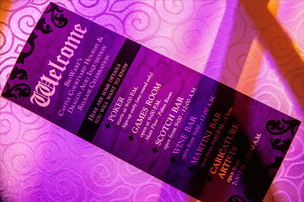 Welcome card for guests with evening itinerary. 