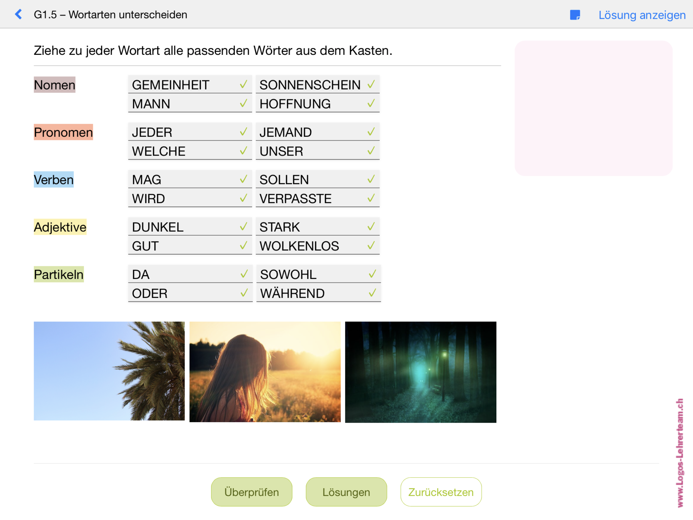 Übung zu den Wortarten