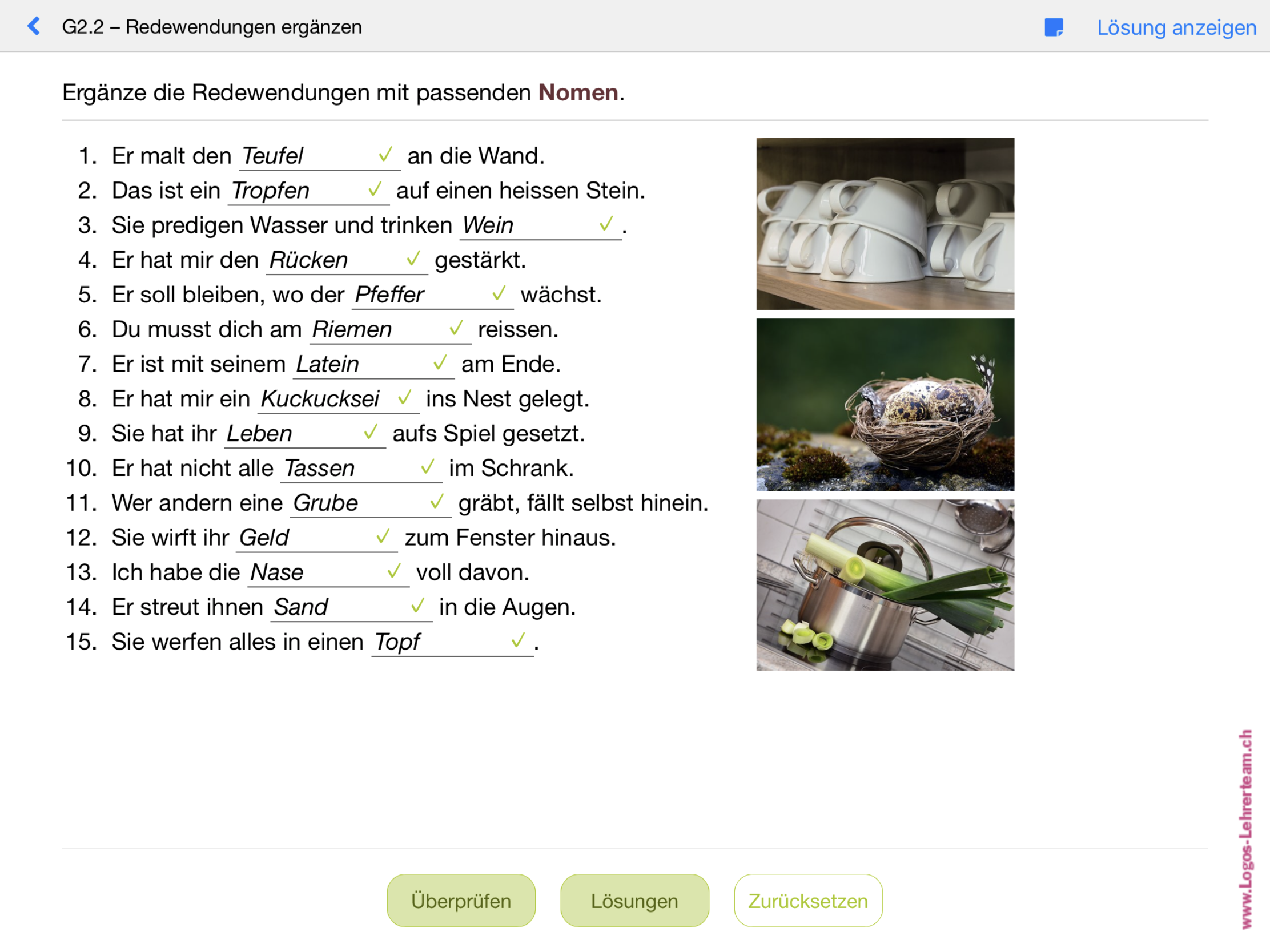 Übung zu den Redewendungen