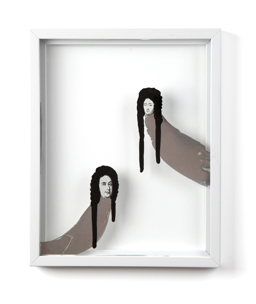   Barbarians 5 , 2013, enamel, silver nitrate and collage on glass 