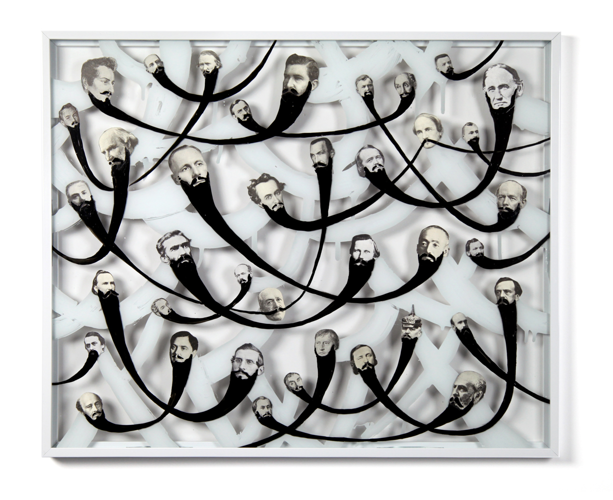   Barbarians 2 , 2013, enamel, silver nitrate and collage on glass 