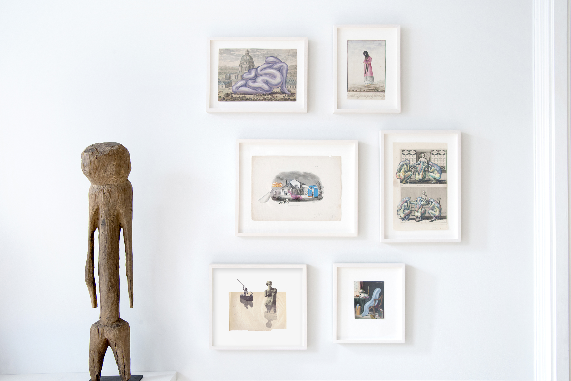 From left : Tchitchiri Sakab Figure, Moba, Ghana, West Africa, Early 20th century, wood 89 x 15 x 15 cm; Monumentum after Jeff Koons' Balloon Sculpture , 2016-oil on antique engraving- 35.5 x 25.5 cm; Signora di Catania , 18 c, antique watercolor, 14.5 X 23 cm; The Murdered Poet , 2016, collage on antique engraving, 42 X 25 cm; Automne Malade , 2016, oil on 18 c. engraving, 20 x 33 cm; Sailed a Swan a Dying Siren , 2016, collage, 25.5 x 33; Lawless Boy , 2016, oil on antique hand-colored engraving 30.5 x 26.5 cm photo credit: Victor Garzon